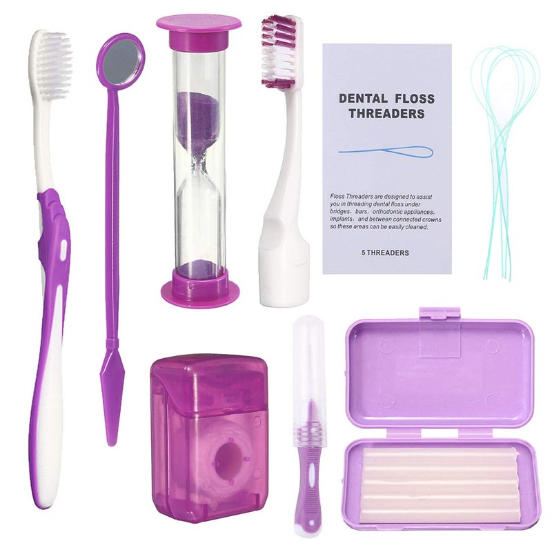 Ceonam Braces Cleaning Kit for Teeth, Portable Orthodontic Toothbrush Kit Oral Care Dental Travel Kit - Interdental Brush Dental Wax Dental Floss Toothbrush Box (Purple) - Image 1
